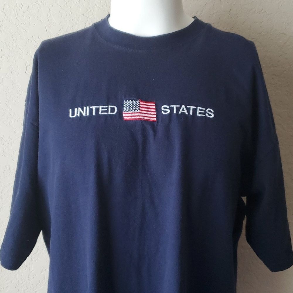VTG Old Varsity Brand United States Flag Shirt XXL Blue Embroidered Patriotic - Picture 9 of 12